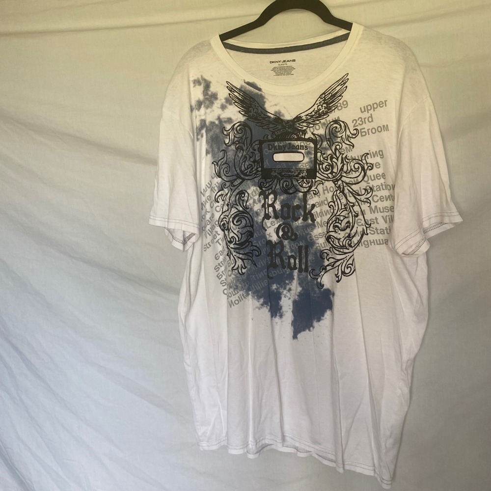 DKNY Jeans Mens XL White Rock&Roll Cassette Graphic TieDye‎ T-Shirt Short Sleeve